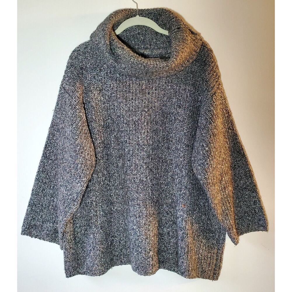 Design Options L Gray Cowl Sweater Oversize Shell Button 3/4 Sleeve Lagenlook